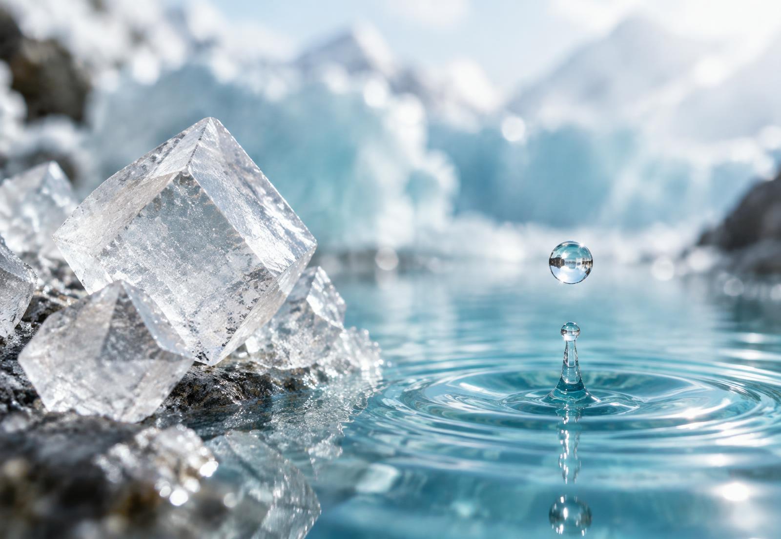 Clear mineral crystals beside a falling drop of water