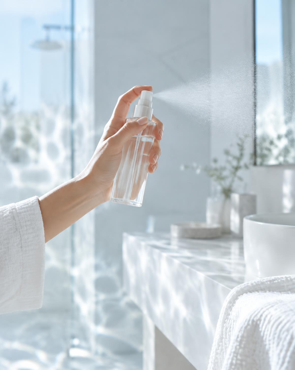 A hand releasing a fine mist from a clear spray bottle in a bright bathroom