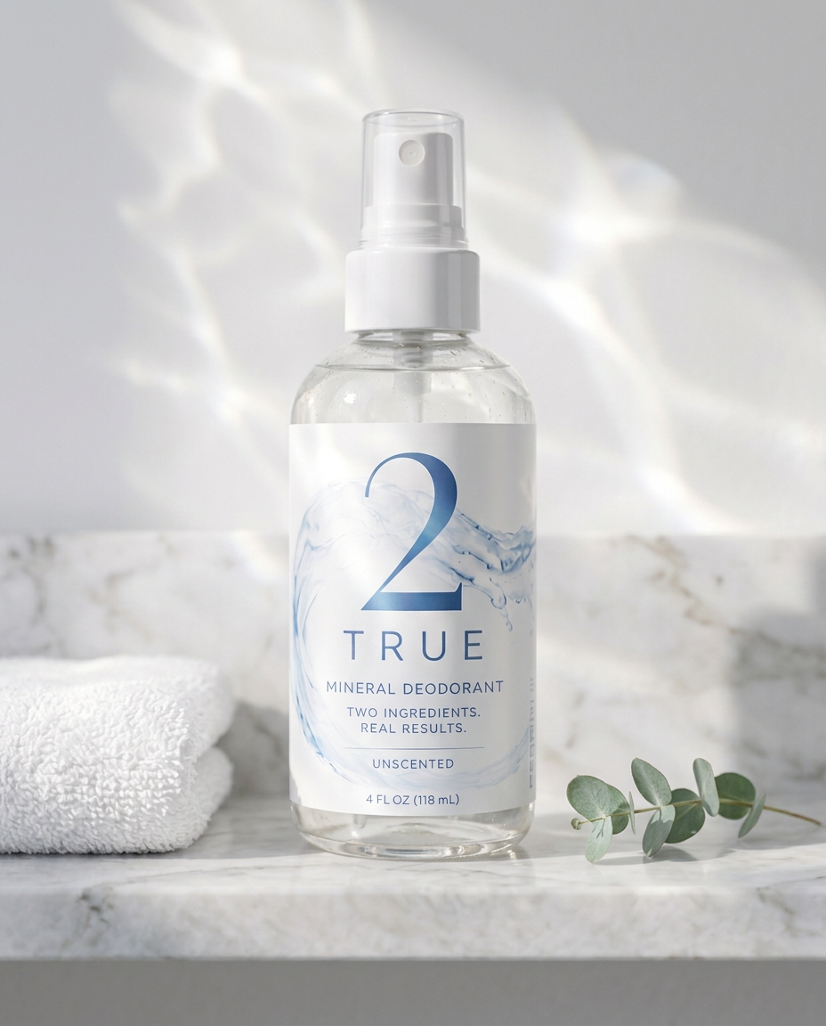 2TRUE bottle on a white marble bathroom shelf